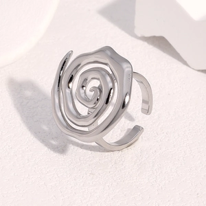 Anello aperto moderno in argento con design a spirale rosa astratta in acciaio inossidabile