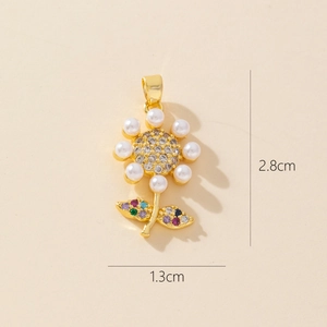 Detail of flower pendant with pearls and multi-color crystals, size 2.8cm by 1.3cm