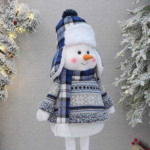 Christmas telescopic snowman doll in blue plaid outfit with knit sweater decoration