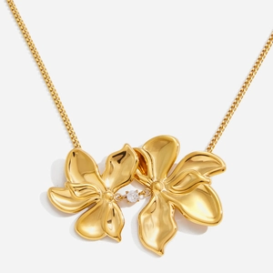 Stainless Steel Double Flower Pendant Necklace For Women Gold Plated Rhinestone Floral Neck Chain Elegant Fashion Jewelry