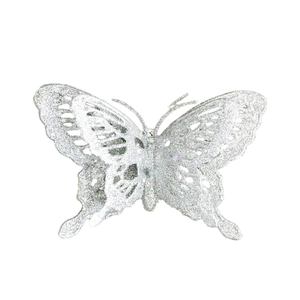 Sparkling silver glitter butterfly ornament with hollow wings for Christmas tree decoration