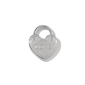 Close-up of polished stainless steel silver heart padlock pendant with LOVE engraving