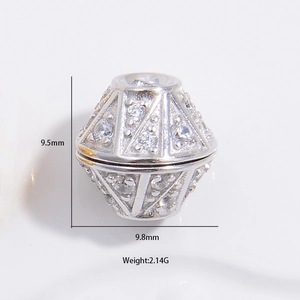 S925 silver geometric rhombic bead with zircons, 9.5mm height, 9.8mm width, 2.14g weight