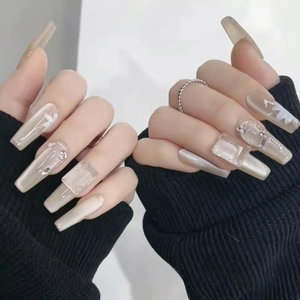 Handgefertigte Aufdrucknägel 3D Strass Sarg Lange Künstliche Nägel Perlmuttglanz Verlauf Rosa Kristall Luxus Für Damen