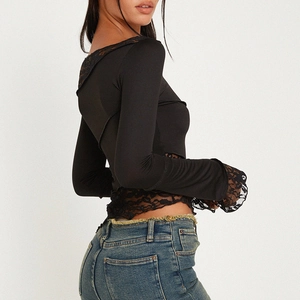 Slim fit black long sleeve top with lace patchwork on cuffs and hem for women