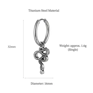 Vintage silver snake drop earrings in titanium steel with detailed scales and clear zircon