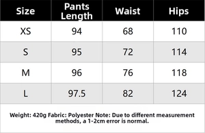 Tableau détaillé des tailles pour ensemble veste et pantalon en polyester avec mesures en cm