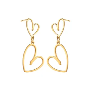 Vintage Palace Style Double Heart Hollow Drop Earrings 18K Gold Plated Stainless Steel Irregular Jewelry For Women