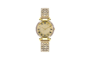 Macro shot of gold women's watch with crystal diamonds and V-shaped mesh band
