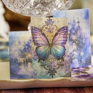 Vintage aesthetic butterfly craft paper with blue-purple gradient and castle pattern