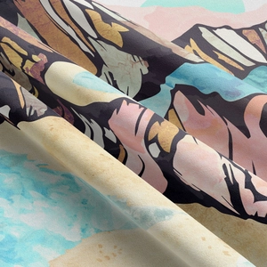 Detailed macro view of abstract mountain pattern on soft fabric decorative wall tapestry