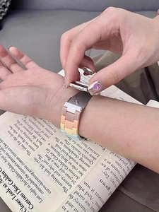 Detail of multi-color macaron resin strap with silver buckle for Apple Watch