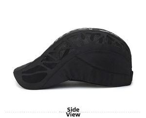 Detail view of black outdoor flat cap featuring breathable mesh and side geometric pattern