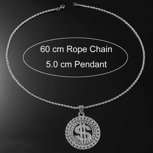 Hip hop silver spinning dollar sign pendant with sparkling rhinestones on 60cm rope chain