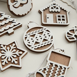 Nordic wooden Christmas ornaments set including Santa, house, and tree shapes with white cords