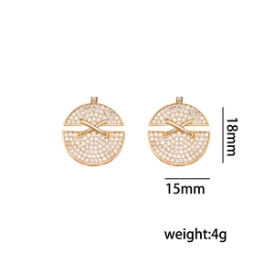 Gold circular cross earrings with micro-pave crystals, 18mm height by 15mm width