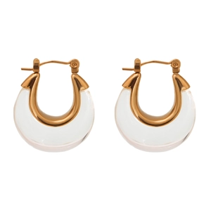 Minimalist gold stainless steel and resin crescent hoop earrings on white background