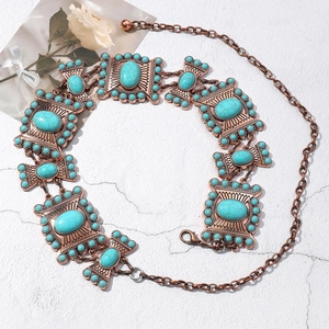 Bohemian zinc alloy waist chain with turquoise insets and bronze finish on white background