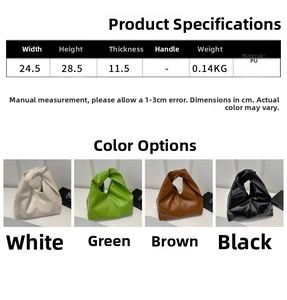 Detailed size chart for soft pleated PU cloud bag with four color options shown