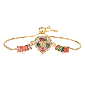 Adjustable gold heart bracelet with rainbow zircon stones and cross elements for women