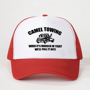 Front view detail of red and white Camel Towing trucker hat with breathable mesh and curved brim