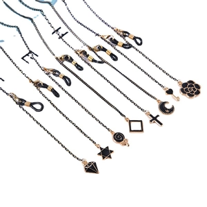 Set of 8 gold and black glasses chains with geometric pendants and lobster clasps