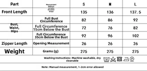 Detailed size chart for polka dot ruffle dress with bust and waist measurements