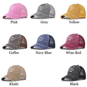 Distressed mesh trucker caps with heart embroidery in eight vintage colors for men and women