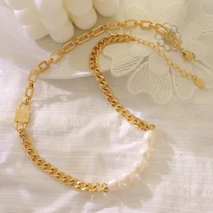 18K gold plated thick chain necklace with freshwater pearls and a decorative lock pendant