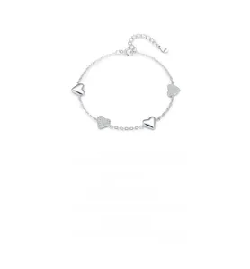 Detail of s925 silver bracelet showing polished and pave-set heart charms with lobster clasp