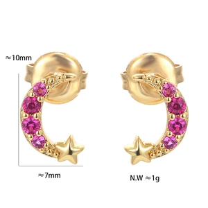 Detail showing dimensions of 18K gold plated moon and star earrings with zircon