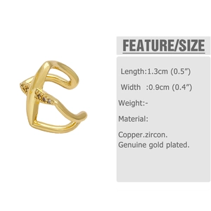 Detail view of gold-plated copper ear cuff with zircon inlay and product dimensions
