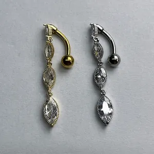 Surgical stainless steel belly ring with marquise-cut zircon crystals in gold and silver