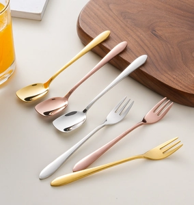 Detailed set of stainless steel square head spoons and forks in gold, silver, and rose gold