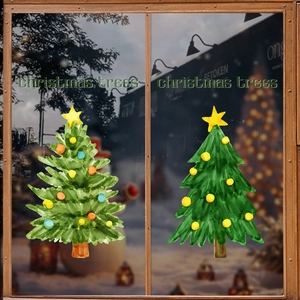 Christmas Tree Window Stickers Static Cling PVC Double Sided Watercolor Illustration Holiday Glass Door Shop Decor Reusable