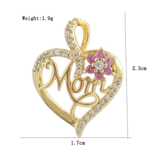 Golden heart Mom pendant with white cubic zirconia and pink flower, 2.3cm x 1.7cm size