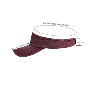 Detailed size chart for deep red washed cotton visor with 7.5cm brim and 56-60cm headband