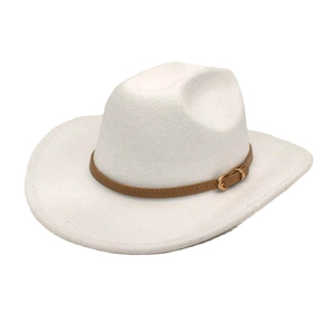 Classic white wool jazz fedora hat with a brown leather belt and golden buckle