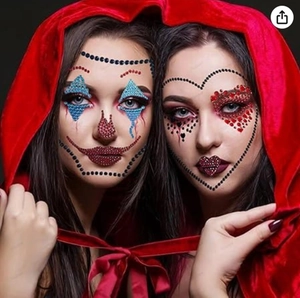 Halloween 3D face gems with glitter rhinestones and a luxury red velvet hooded cape