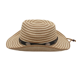 Detail of woven straw cowboy hat with metallic floral buckle and chin strap