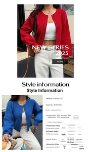 Detail showing red and blue knit cardigans with ribbed texture and button closure