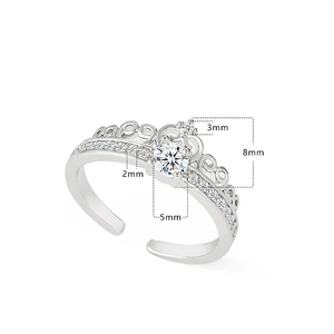Elegant crown goddess silver ring with white gemstones shown from a 45-degree angle view