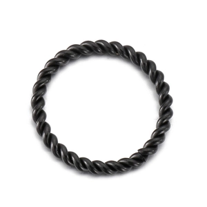 Detailed view of black woven metal ring featuring a spiral braided texture design