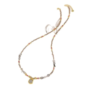 Handmade beaded necklace with peridot tourmaline crystals and gold feather charm