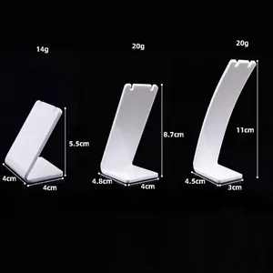 Three sizes of acrylic L-shaped necklace display stands with detailed dimensions and weights