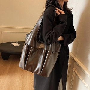 Retro dark brown large capacity faux leather tote bag with functional multi-pockets