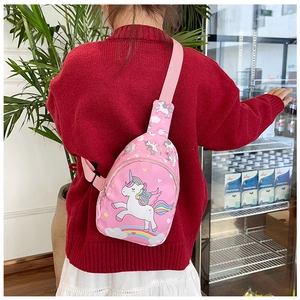 Pink unicorn kids chest bag with adjustable strap worn by a child in daily setting