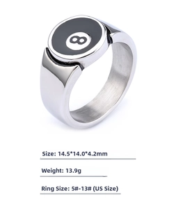 Detailed macro view of retro stainless steel billiard number 8 ring with enamel finish