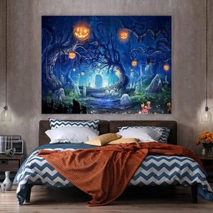 Detailed 3D rendering of a Halloween tapestry featuring spooky pumpkins and spooky forest