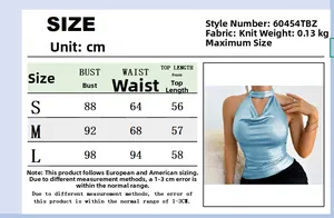Size chart detail for halter neck draped top showing measurements in centimeters